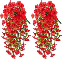 UV Resistant Faux Silk Morning Glory Hanging Flowers for Outdoor Decor 2 Pc Red