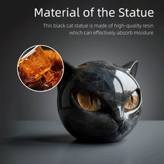 Black Cat Stone Sculpture Resin Statue w/ Amber Eyes Halloween Cat Figurine Gift