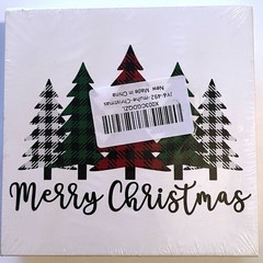 Merry Christmas Plaid Trees Wooden Box Sign Plaque 5x5in White Hollow Back Decor
