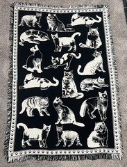Rare Vintage 90’s Black White Cat Tapestry Cotton Blanket with Fringe Size 43×63