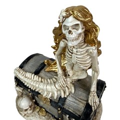 Mermaid Skeleton Figurine Pirate Treasure Chest Resin Statue 8 in Decor
