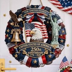 Personalized America 250th Anniversary Wood Wreath 1776-2026 Patriotic Door Sign