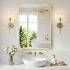 5 Size Choice Rectangular Bathroom Mirror w/Round Corner&Metal Frame,Wall Mirror