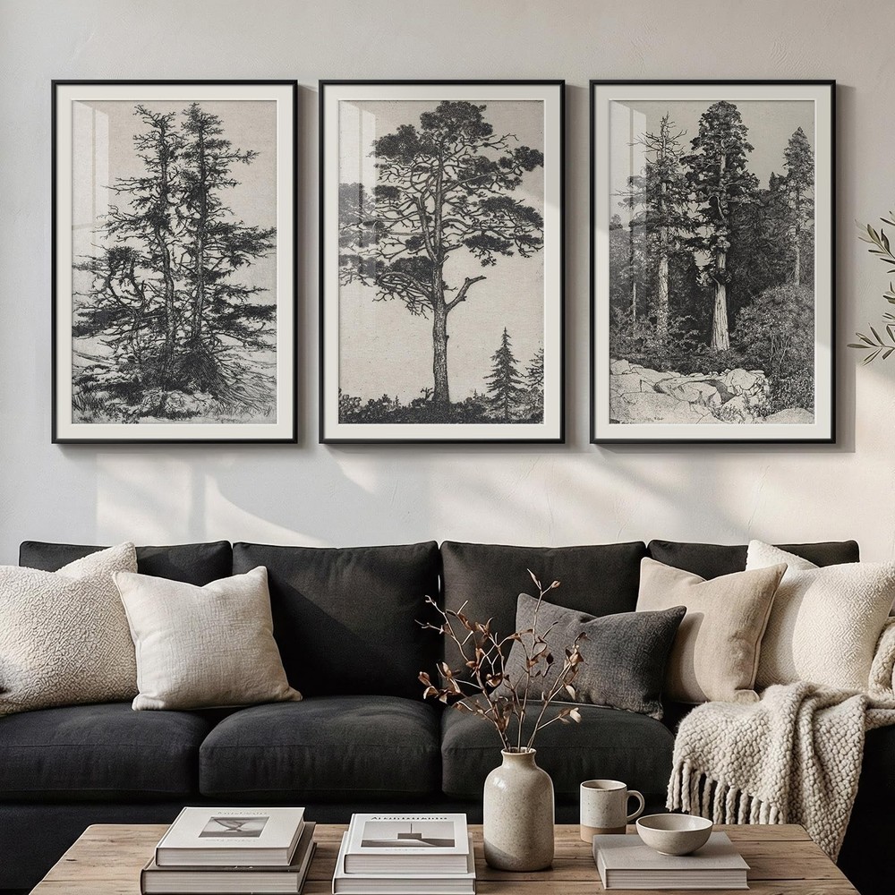 Large Framed Vintage 3 Piece Wall Art for Living Room, Black and White Tree A…