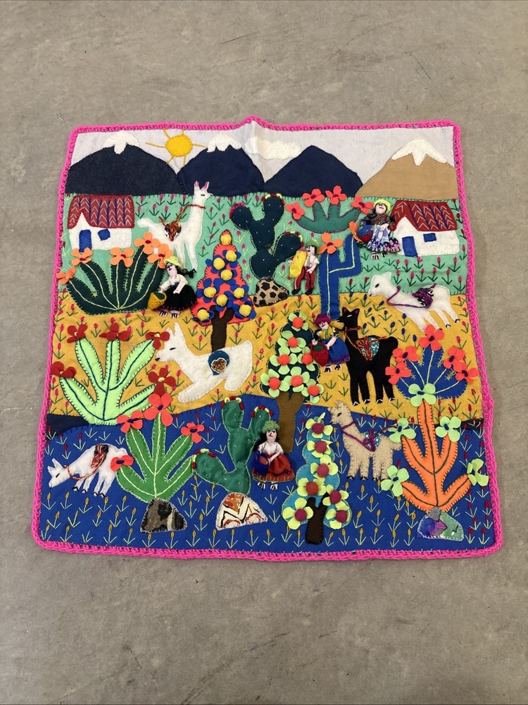 Handmade Peruvian Arpillera 3D Applique Wall Hanging 18×19 Andean Village Scene