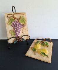 Kitchen Wall Plaques Tuscan Rustic 3D Pears Grapes 2 Textured Resin Jute Hangers