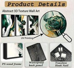 Floating Framed-3D Texture Abstract Green Gold Wall Art Set of 3,UV Printing …