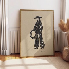 Cowgirl Line Drawing Print, Minimalist Western Wall Art