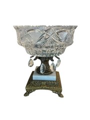 Vintage Cut Crystal Centerpiece Compote Bowl Brass & Marble Pedestal Prism Drops