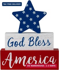4th of July Decorations, Memorial Day God Bless America Wooden Block Sign Star