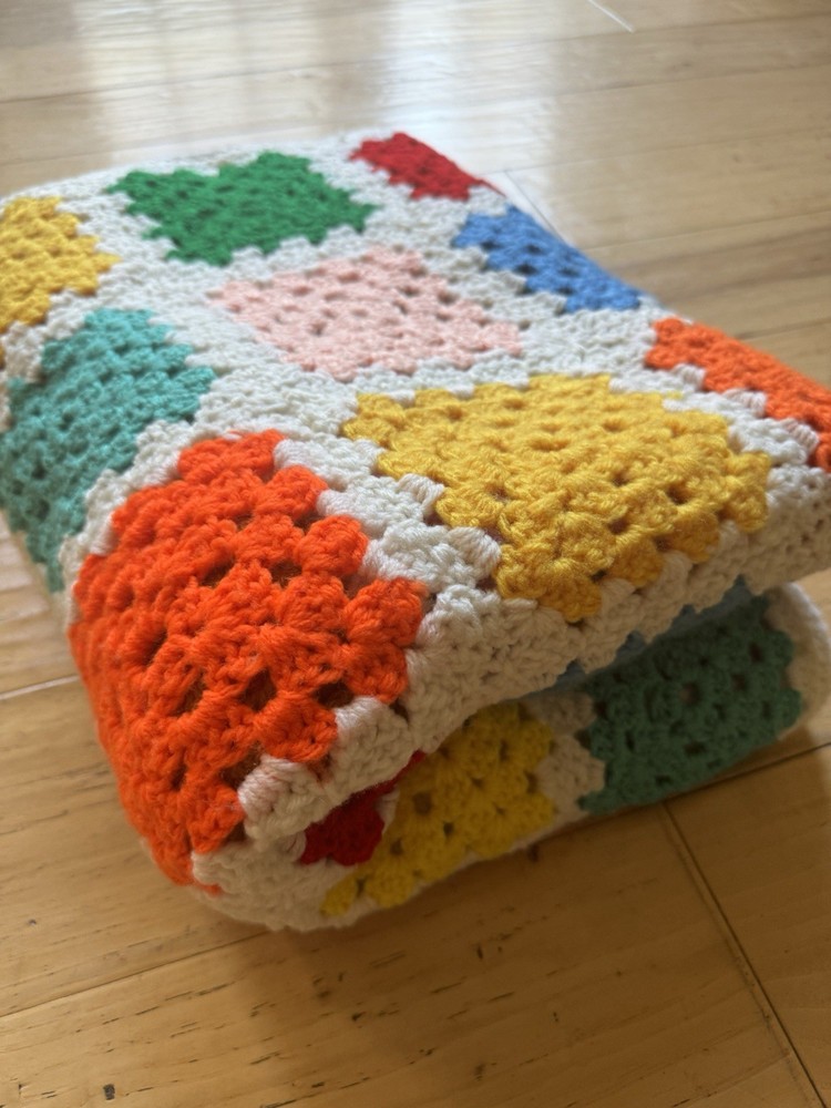 VTG Handmade Crochet Granny Square Afghan White 62×48 Throw Cottage Chore