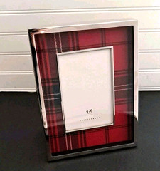 Pottery Barn Lynbrook Red Plaid Picture Frame Chrome Silver 4×6 Photo Shadow Box