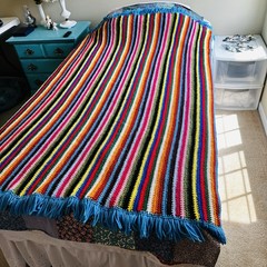 Handmade Crochet Afghan Throw Blanket Multicolor Rainbow Striped Blue Fringe