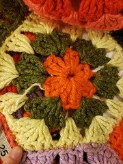 As-is Vtg Afghan Crochet Round Table Couch Decor Granny Hexagon Squares 1960-70s