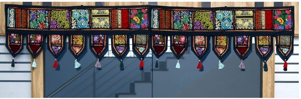 Indian Black Vintage Patchwork Embroidery Toran Door Valance Wall Hanging Decor
