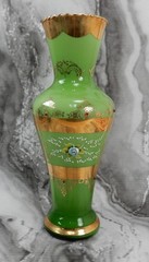 Antique Bohemian Green Glass Vase 16″ Tall Gold Gilt Red Cabochons Hand Painted