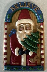 Vintage Santa Believe Hallmark Christmas 4″x7″ Faux Wood Resin Wall Plaque NOS