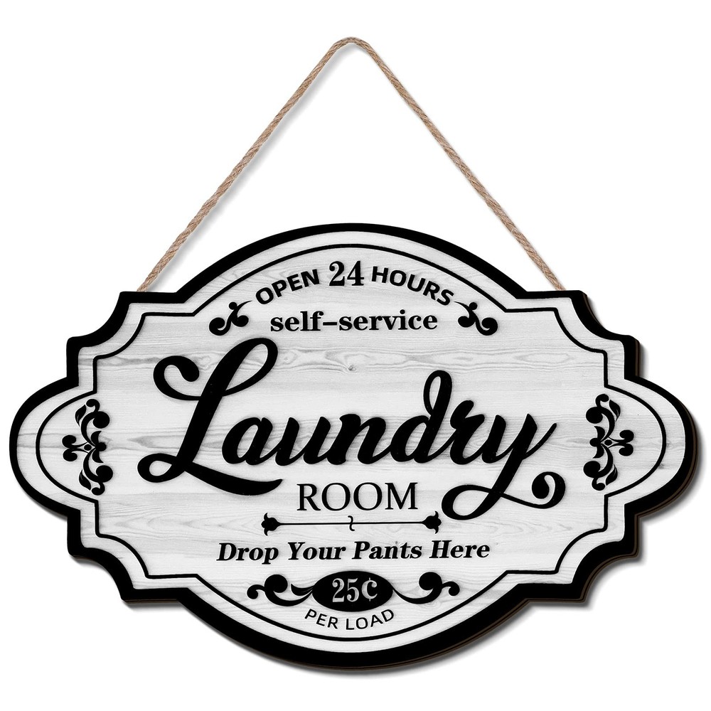 Jetec Vintage Wood Laundry Room Decor Hanging Wall Sign 12 x 8 inches, White