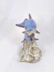 Glazed Ceramic Double Dolphins Figurine Ocean/Coastal Decor sand/cream wave base