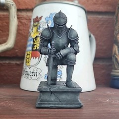 Gray Medieval Knight Kneeling Figurine Statue Holding Sword, Free Standing