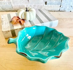 New Rustic Aqua Leaf Distressed Glazed Ceramic Harvest Fall Decor Dish Bowl