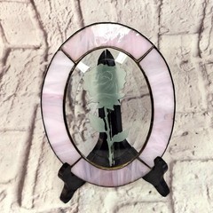 Vintage Stained Glass Sun Catcher Edged Rose Wall Hanger Pink & Clear 8 x 5.5in
