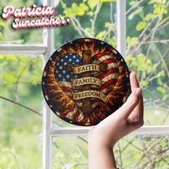 Faith Family Freedom Suncatcher | Patriotic American Flag Heart | USA 250th