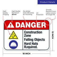 Construction Zone Falling Objects Hard Hats Required Sign, ANSI Danger Sign,