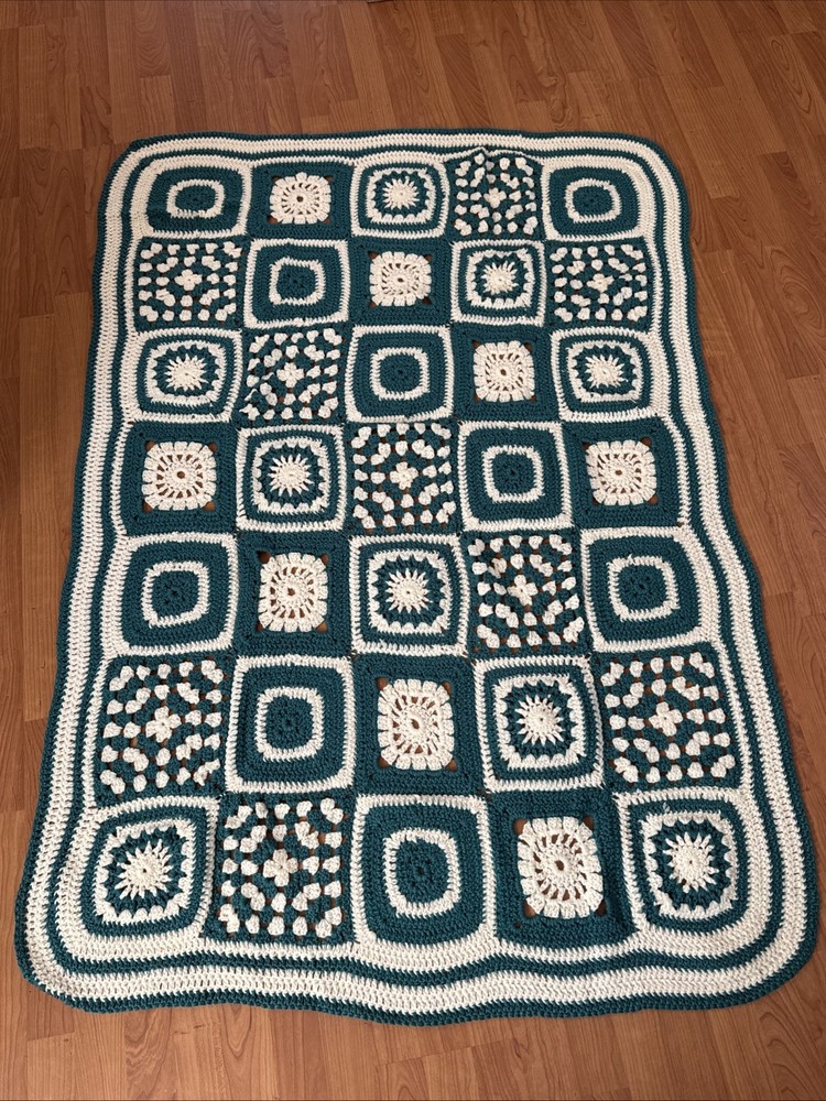 Vtg Handmade Crochet Afghan Granny Square Blanket Green 43”x 63” Approx