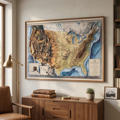 Real 3D raised relief map of the United States – with touchable mountain peaks.