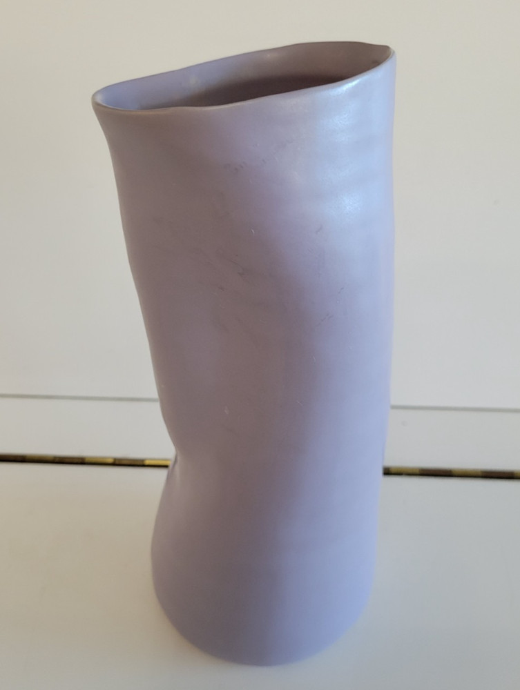 LILAC CERAMIC ASYMMETRICAL HANDBLOWN VASE 8.75 INCHES DIAMETER 3.5 INCHES