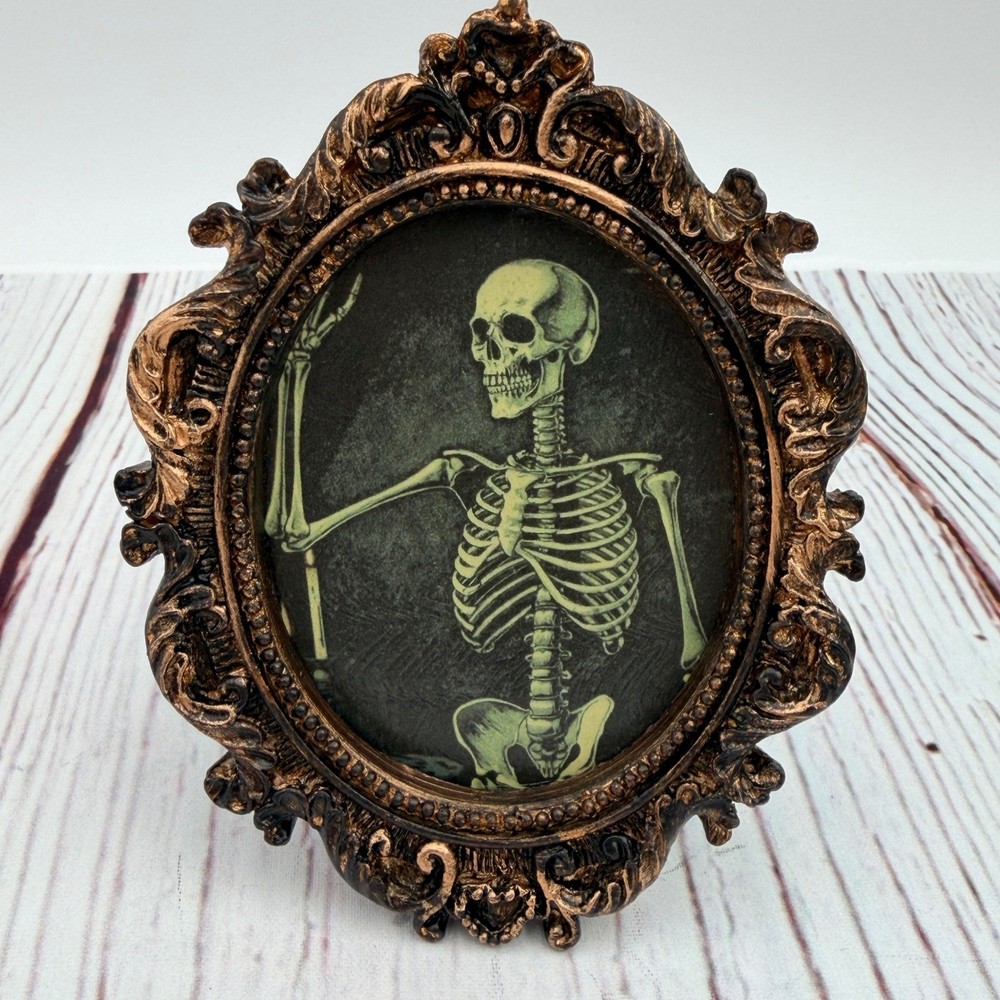 Vintage Style Ornate Bronze Frame Skeleton Original Art Gothic Decor 4 inch