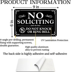 2 Pack No Soliciting Sign for Front Door,9 X 6 Inches Self-Adhesive No Solicitin