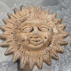Celestial Sun Face Wall Plaque Rustic Concrete 10 Inch Round Decor small chip