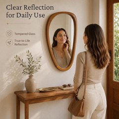 30″x20″ Solid Wood Asymmetrical Mirror, Japandi Boho Organic Shape, Warm Walnut
