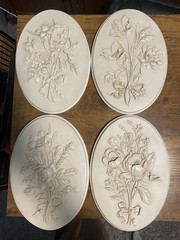 4 VTG HERMITAGE Ivory/Cream Floral Botanical Bows Wall Plaques Coquette French