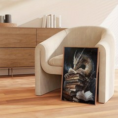 Framed Canvas Old Dragon Reading Stack Antique Books Dark Fantasy Wall Canvas