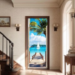 White Shutter Door Sticker Tropical Style Removable Waterproof Vinyl Mural Pe…