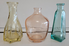 3 DECORATIVE GLASS BOTTLES YELLOW ASYMMETRICAL ORANGE ROUND GREEN SQUARE