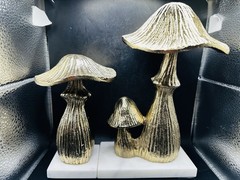 Set Of 2 Gold Tone Mushroom Sculptures On Marble Base ~9”, ~6 1/2” &~4 1/2”