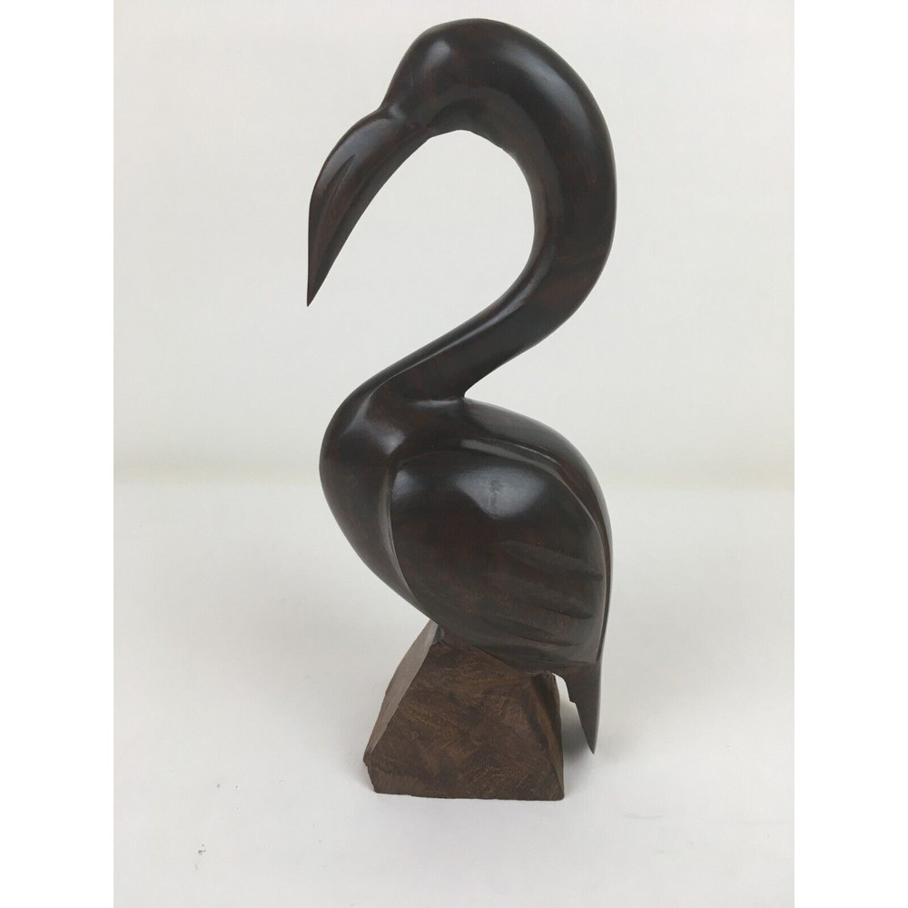 Vintage Hand Carved Wood Heron Egret Water Bird Dark Wood Smooth Finish