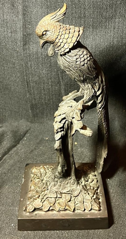 Cast Metal Brass or Bronze Art Sculpture Statue of a Bird in Tree Nouveau Style