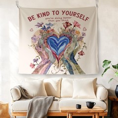Inspirational Mental Health Wall Tapestry, Be Kind to Yourself Floral Heart i…