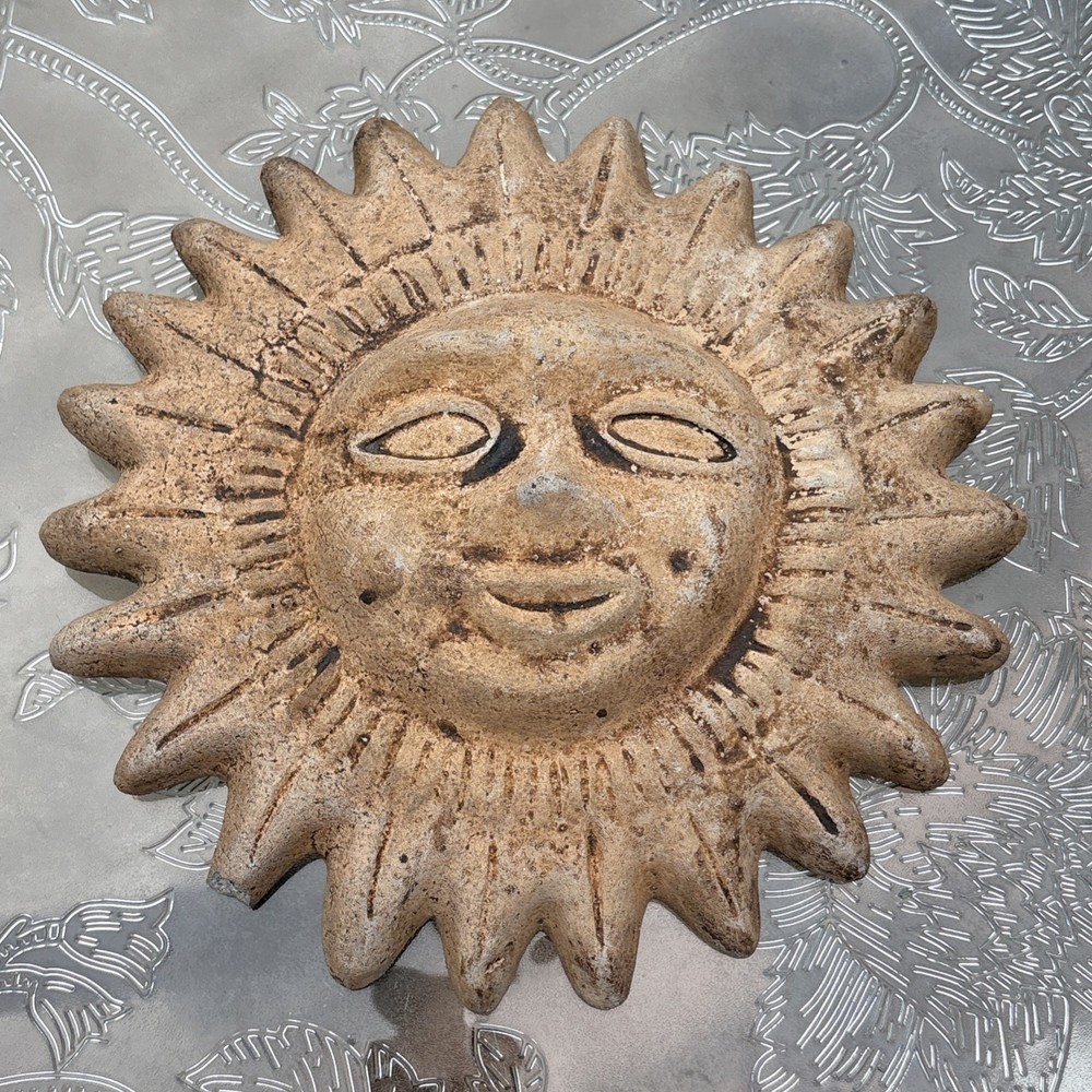 Celestial Sun Face Wall Plaque Rustic Concrete 10 Inch Round Decor small chip