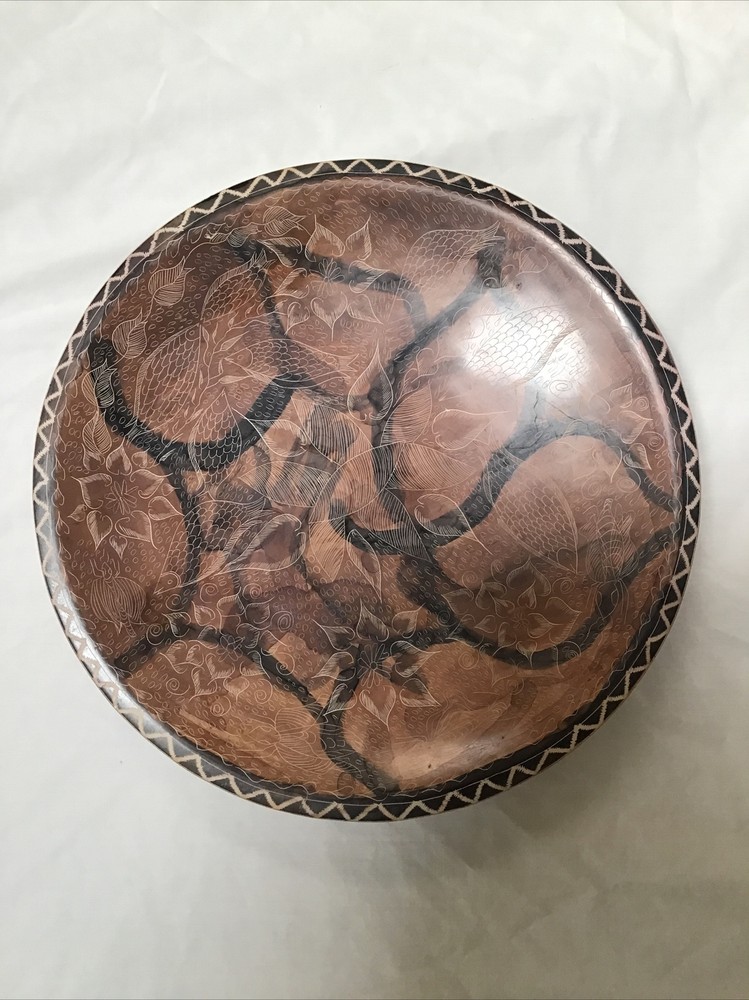 12” Kenya Soapstone Decor Plate Hand Etched w Insects Florals & Fish African Art