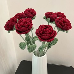 Red Roses Artificial Flowers Wool Crochet Flowers DIY Hand-Knitted Fake Flowers