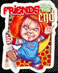 CHUCKY STICKER✨🔪💀🎃👻✨2 1/2” x 2”✨GLOSSY✨FRIENDS TILL THE END✨Halloween✨💫