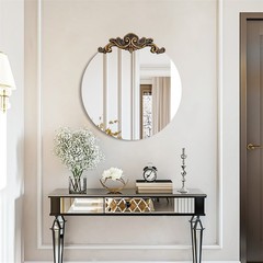 Round Frameless Wall Mirror for Bedroom Entrance Vintage Baroque Wall Mirror
