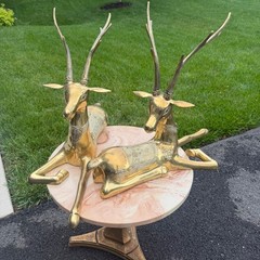 Pair Large Vintage Brass Deer Gazelle Antelope Figurines Hollywood Regency 17″