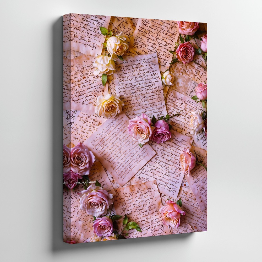 Vintage Handwritten Letters With Pink And White Roses Floral Canvas Wall Art